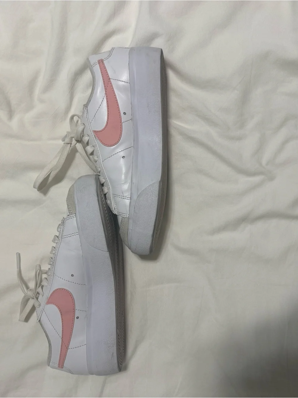Nike White Sneakers with Pink Swoosh - Low Platform Trainers